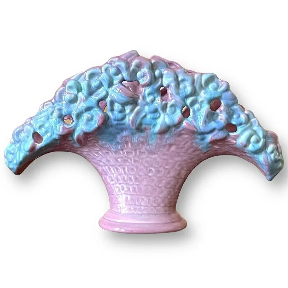 Royal Haeger Fan Vase Pink Blue Flower Basket Planter Vintage 1940s R386 USA